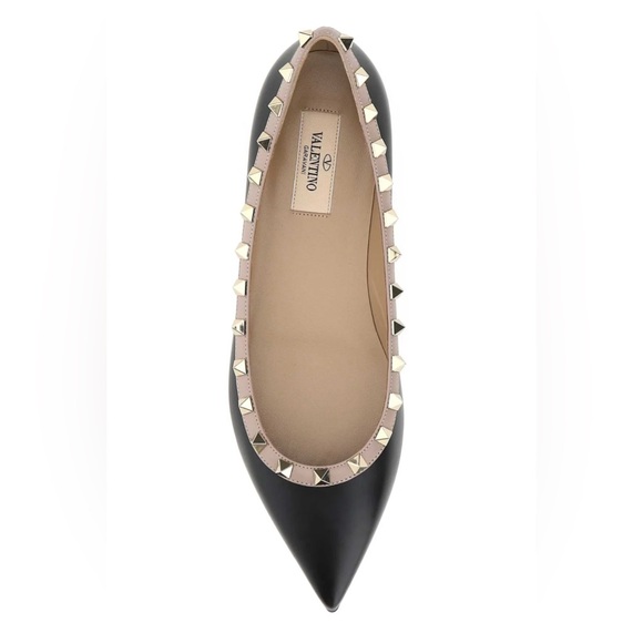 Valentino Shoes - Authentic Valentino Garavani Black Satin Matte Leather Pointed Rockstud Flats